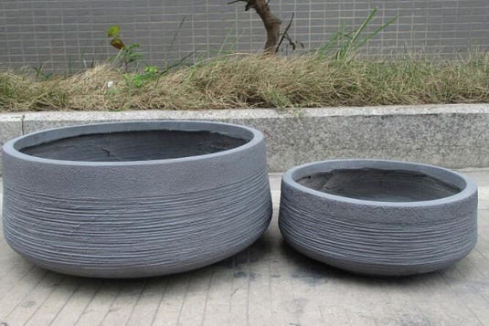 Handmade Shallow Outdoor Ribbed Concrete Planter Bowl Cactus Bonsai Standard Tree Flowers Garden Patio Terrace Deck