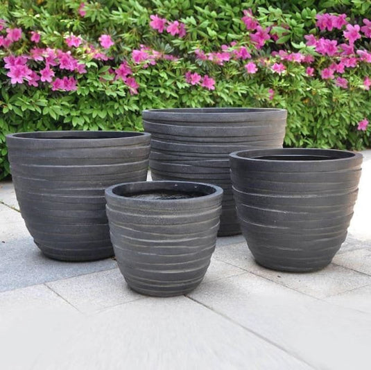 Black Stone Concrete Outdoor Egg Planters for Garden Patio Balcony Modern Decor Ribbed Design Weather Resistant