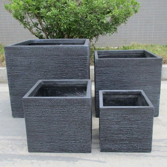 Textured Ribbed Black Light Concrete Square Planter Outdoor Contemporary Decor Plants Trees Flowers Shrubs Deck Balcony Garden