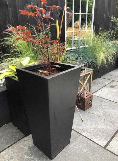 Tall Black Tapered Contemporary Modern Light Concrete Planters Pots for Outdoor Balcony Garden Terrace Trees Shrubs Palms Standards