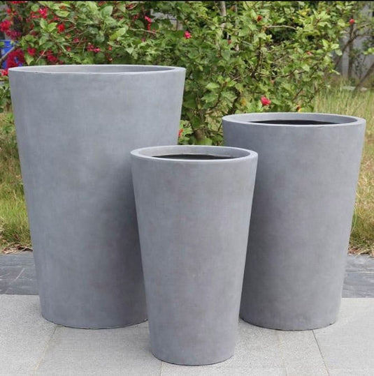 Modern Contemporary Round Tall Stone Vase Light Grey in Concrete Planter Pot Garden Outdoor Patio Balcony Trees Plants Flowers