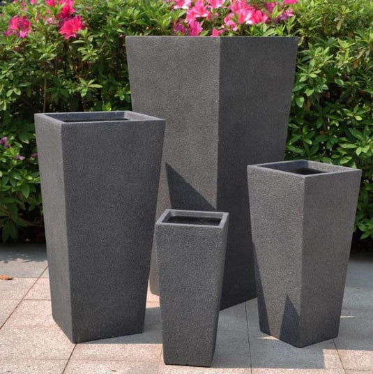 Modern Contemporary Tapered Tall Textured Stone Dark Grey Concrete Planter Pot Garden Outdoor Patio Balcony Trees Plants Flowers