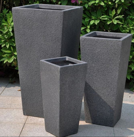 Modern Contemporary Tapered Tall Textured Stone Dark Grey Concrete Planter Pot Garden Outdoor Patio Balcony Trees Plants Flowers