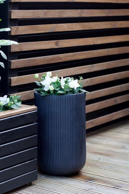 Ribbed Black Cylinder Outdoor decorative Flower Planter Pot Concrete Stone 17L capacity 36cm tall Contemporary Modern Styling