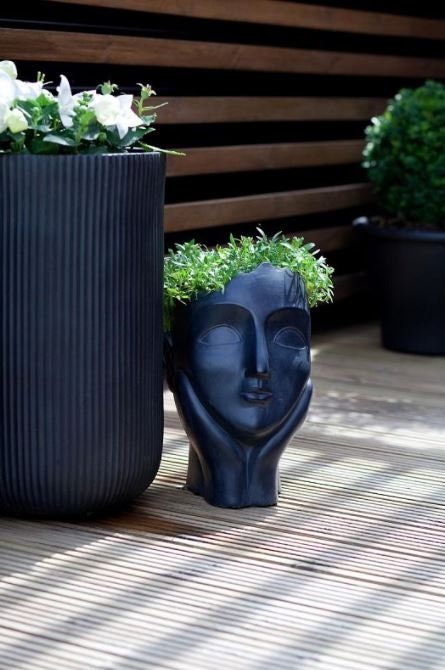 Ribbed Black Cylinder Outdoor decorative Flower Planter Pot Concrete Stone 17L capacity 36cm tall Contemporary Modern Styling