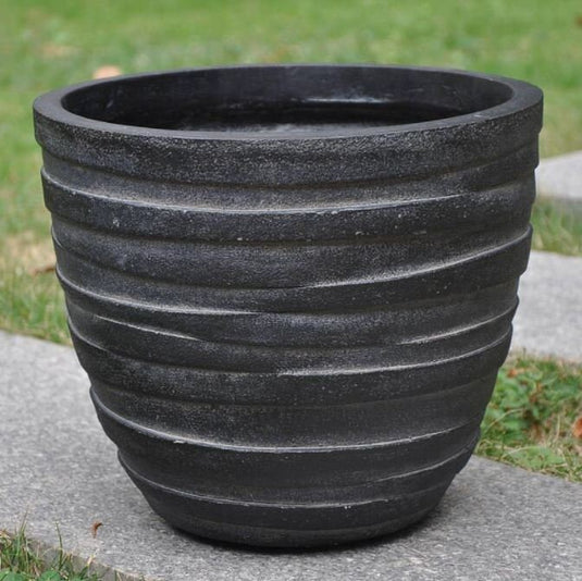 Black Stone Concrete Outdoor Egg Planters for Garden Patio Balcony Modern Decor Ribbed Design Weather Resistant