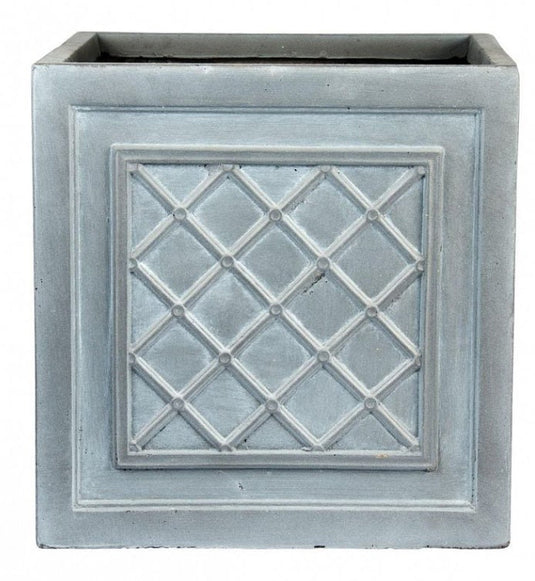 Square Box Contemporary Grey Faux Lead and Concrete Planter Pot Outdoor Garden Balcony Patio Deck Bushes Trees Acers Flowers Decor