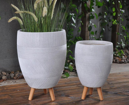 White Stripped Patterned Concrete Stone Egg Planter Indoor Tripod Pot w Wooden legs Modern Interior Decor for faux or real plants