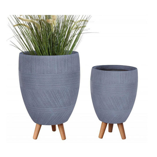 Grey Stripped Patterned Concrete Stone Egg Planter Indoor Tripod Pot w Wooden legs Modern Interior Decor for faux or real plants