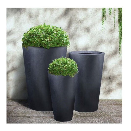 Modern Contemporary Round Tall Stone Vase Dark Grey in Light Concrete Planter Pot Garden Outdoor Patio Balcony Trees Plants Flowers