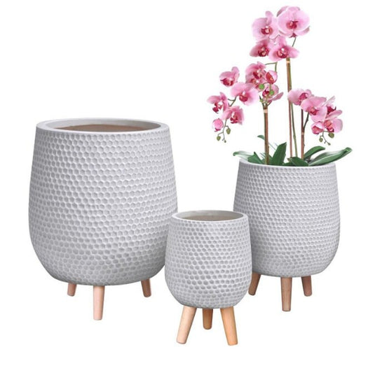 White Honeycomb Pattern Concrete Stone Egg Planter Indoor Tripod Pot w Wooden legs Modern Interior Decor for faux or real plants