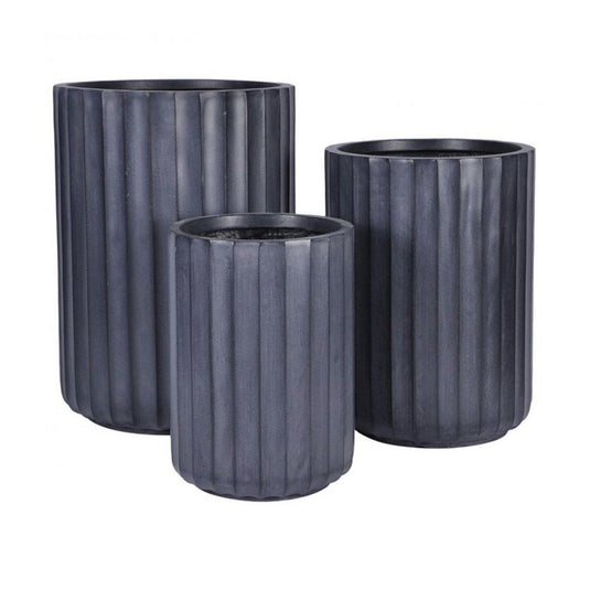 Black Ribbed Concrete Stone Cylindrical outdoor Planter Pot Modern Contemporary Design Garden Outdoor Balcony Decking Decor