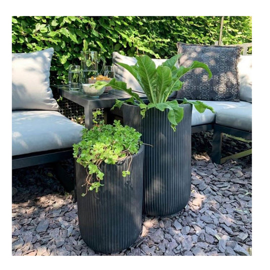 Ribbed Black Cylinder Outdoor decorative Flower Planter Pot Concrete Stone 17L capacity 36cm tall Contemporary Modern Styling