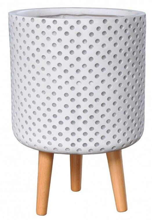 White Polka Dotted Pattern Cylinder Concrete Stone Indoor Tripod Pot Planter w Wooden legs Stand Modern Interior Decor faux real plants