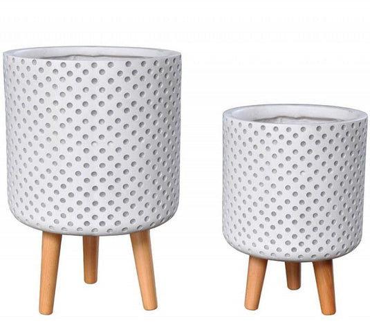 White Polka Dotted Pattern Cylinder Concrete Stone Indoor Tripod Pot Planter w Wooden legs Stand Modern Interior Decor faux real plants