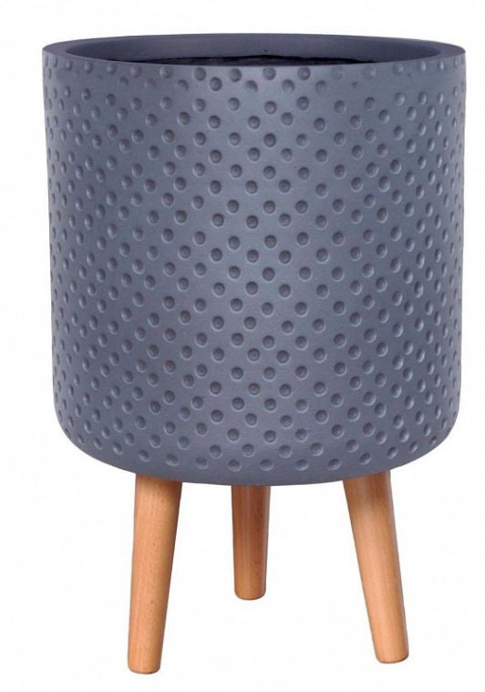 Grey Polka Dotted Pattern Cylinder Concrete Stone Indoor Tripod Pot Planter w Wooden legs Stand Modern Interior Decor faux real plants