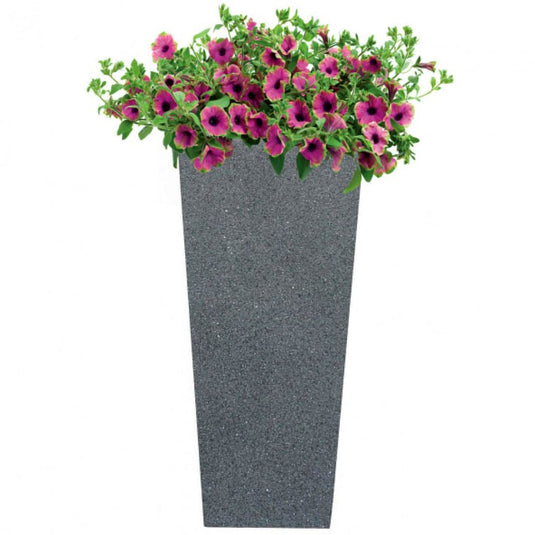 Modern Contemporary Tapered Tall Textured Stone Dark Grey Concrete Planter Pot Garden Outdoor Patio Balcony Trees Plants Flowers