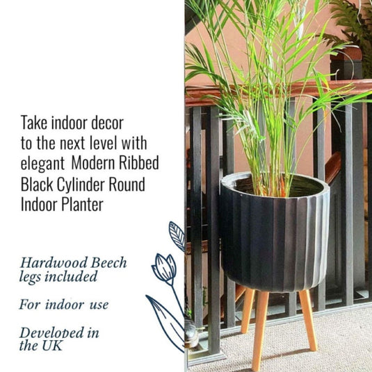 Black Round Cylinder Concrete Stone Indoor Tripod Pot Planter On Wooden legs Scandinavian Modern Interior Decor for faux real plant stand