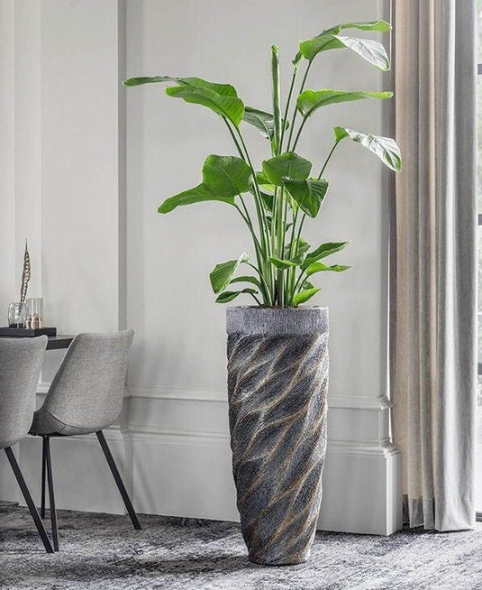 Brown Wave Tall indoor Decorative planter Pot Handmade in Poly Resin Modern contemporary interior design