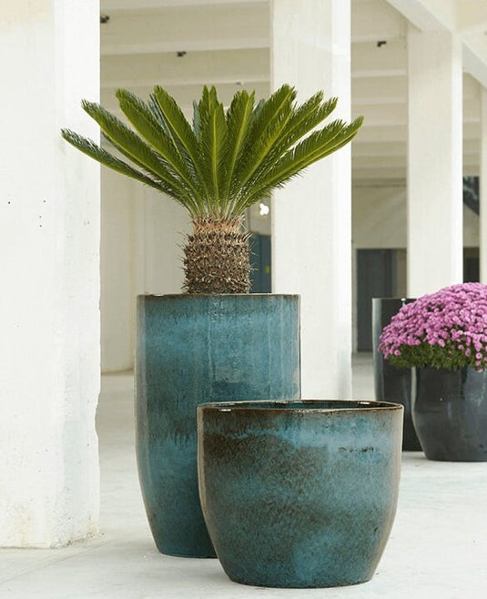 Large Round Outdoor Ceramic Turquoise Glossy Blue Planter Pot with Drainage holes