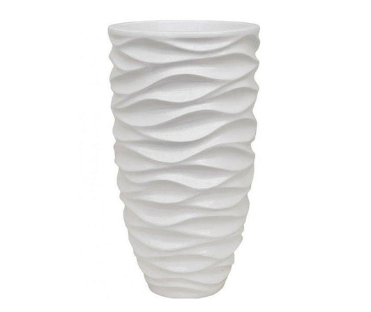 Luxury White Glossy Sea Waves Tall Indoor pot Handmade in Fibreglass Raised bottom Contemporary Modern Sleek Minimalist Design