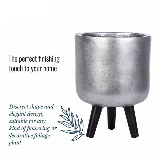 Contemporary Silver Round Stone & Fibreglass indoor Pot with Black Wooden Legs Cylinder Concrete  Tripod Planter Modern Interior Decor