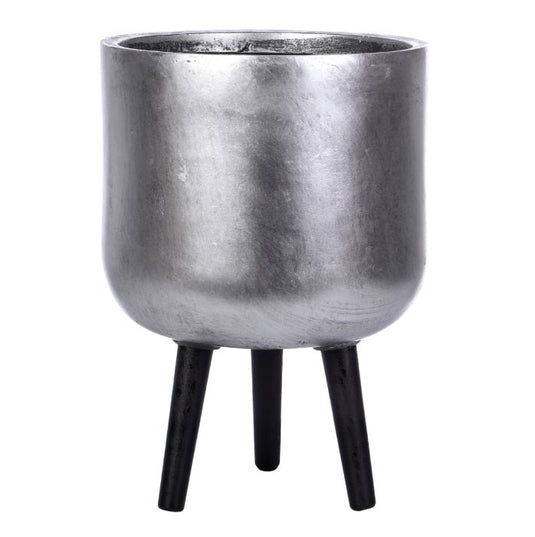 Contemporary Silver Round Stone & Fibreglass indoor Pot with Black Wooden Legs Cylinder Concrete  Tripod Planter Modern Interior Decor