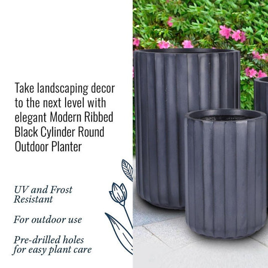 Black Ribbed Concrete Stone Cylindrical outdoor Planter Pot Modern Contemporary Design Garden Outdoor Balcony Decking Decor