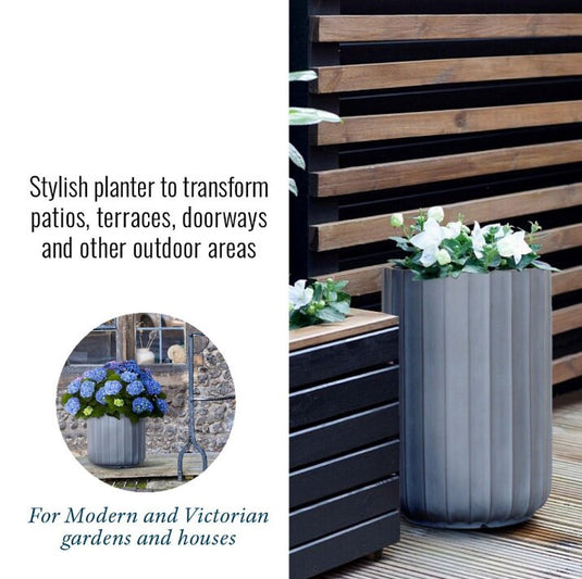 Natural Grey Ribbed Concrete Stone Cylindrical outdoor Planter Pot Modern Contemporary Design Garden Outdoor Balcony Decking Decor