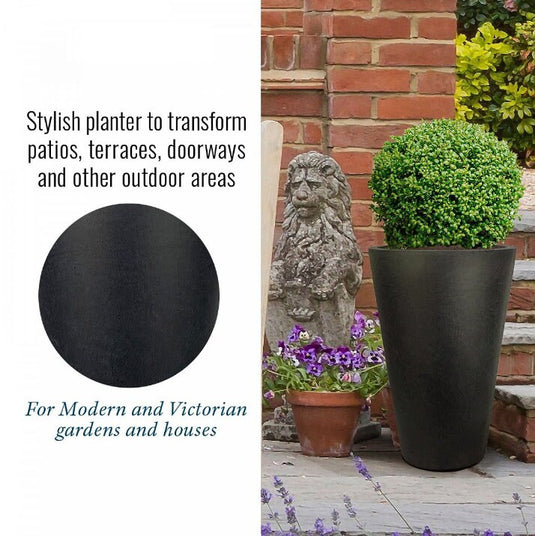 Modern Contemporary Round Tall Stone Vase Dark Grey in Light Concrete Planter Pot Garden Outdoor Patio Balcony Trees Plants Flowers