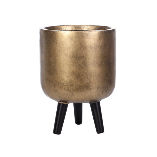 Contemporary Gold Round Stone & Fibreglass indoor Pot with Black Wooden Legs Cylinder Concrete  Tripod Planter Modern Interior Decor