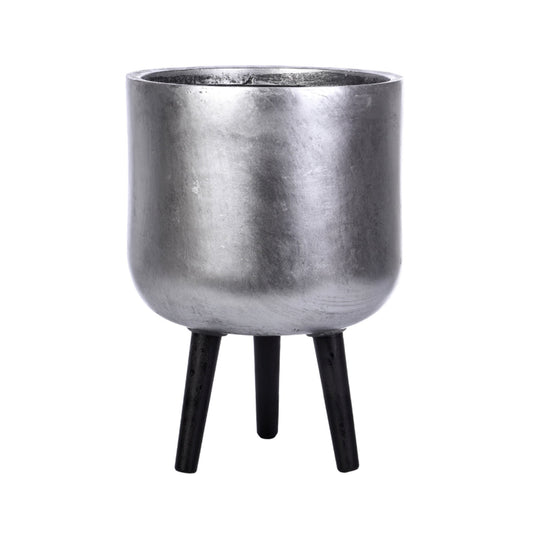 Contemporary Silver Round Stone & Fibreglass indoor Pot with Black Wooden Legs Cylinder Concrete  Tripod Planter Modern Interior Decor