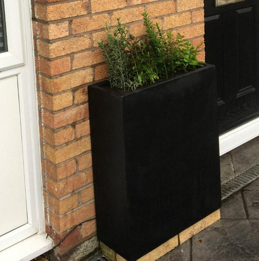 Dark Grey Narrow Outdoor Concrete Stone Planters Pots Space Efficient Raised Flower Bed Trough Contemporary Residential and commercial decor