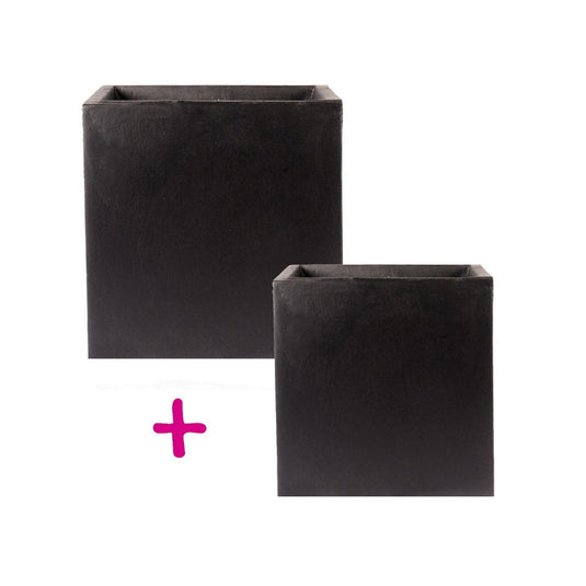 Pair of Square Black Concrete & Fibrestone Outdoor Garden Pots