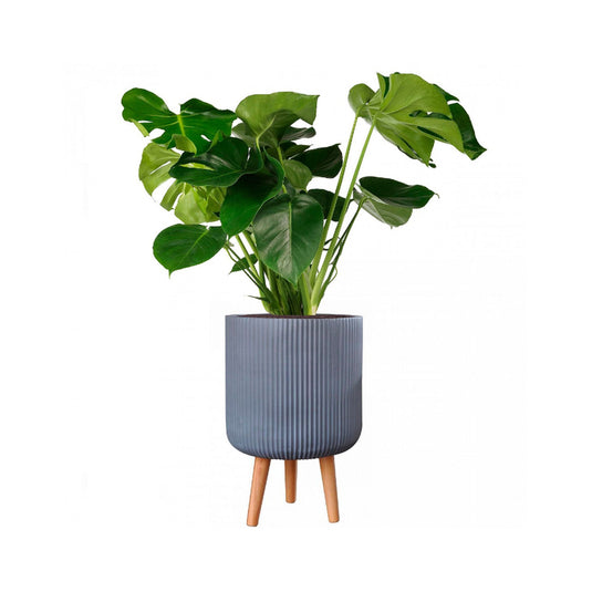 Grey Round Cylinder Ribbed Concrete Stone Indoor Tripod Pot Planter On Wooden legs Modern Interior Decor for faux or real plants