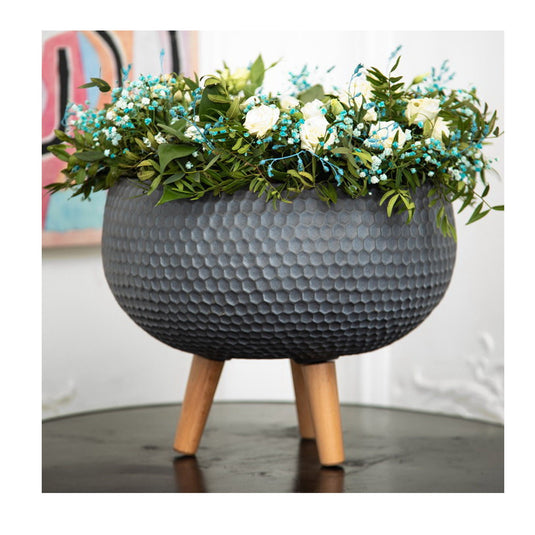 Grey Honeycomb Concrete Bowl Indoor Pot Planter w Wooden legs Modern Interior Decor for faux or real plants