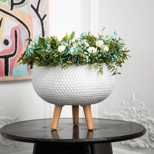 White Honeycomb Concrete Bowl Indoor Pot Planter w Wooden legs Modern Interior Decor for faux or real plants