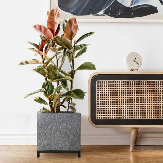 Hammered Stone Style Concrete & Fibrestone Indoor Pot with integrated metal stand