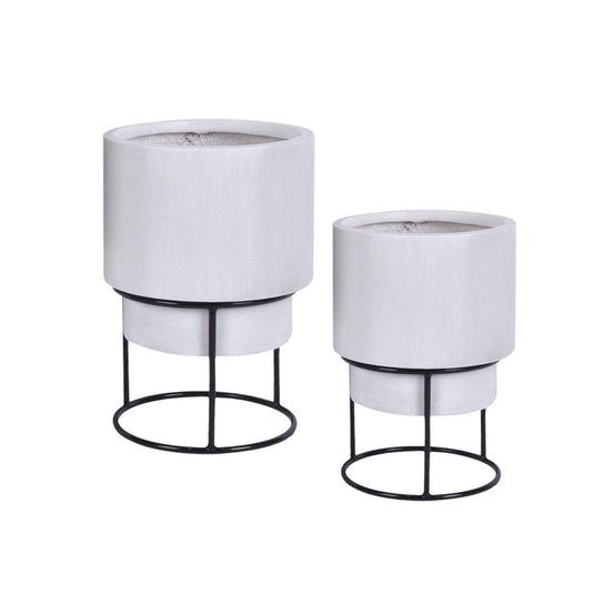 Twin Smooth Style Concrete White Round Indoor Planters on Metal Stands D24 H35 cm, D30 H50 cm, 13.5L