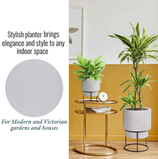 Twin Smooth Style Concrete White Round Indoor Planters on Metal Stands D24 H35 cm, D30 H50 cm, 13.5L