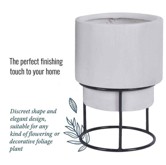 Twin Smooth Style Concrete White Round Indoor Planters on Metal Stands D24 H35 cm, D30 H50 cm, 13.5L