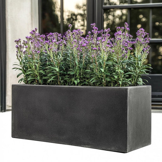 Medium Dark Grey Concrete and Stone Contemporary Modern Garden Outdoor Trough Planter Pot Rectangular Raised Garden Balcony Flower Bed