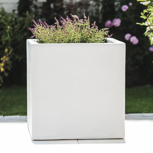 Pair of White Concrete Pots Handmade Cuboid Square Planters 25cm and 30cm for Outdoor Garden Flowers Trees Bushes with drainage holes